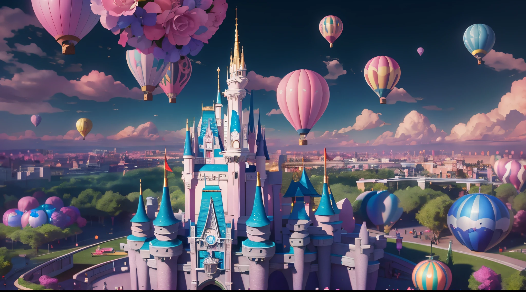 aerial perspective，（disney theme park：1.4），2 hot air balloons，in pink，Cartoonish，Beyond imagination，Overclocked renderer，Colorful，vibrant with colors，high high quality，16K resolution，（Best quality），（tmasterpiece），ultra - detailed，Detailed details，Accurate