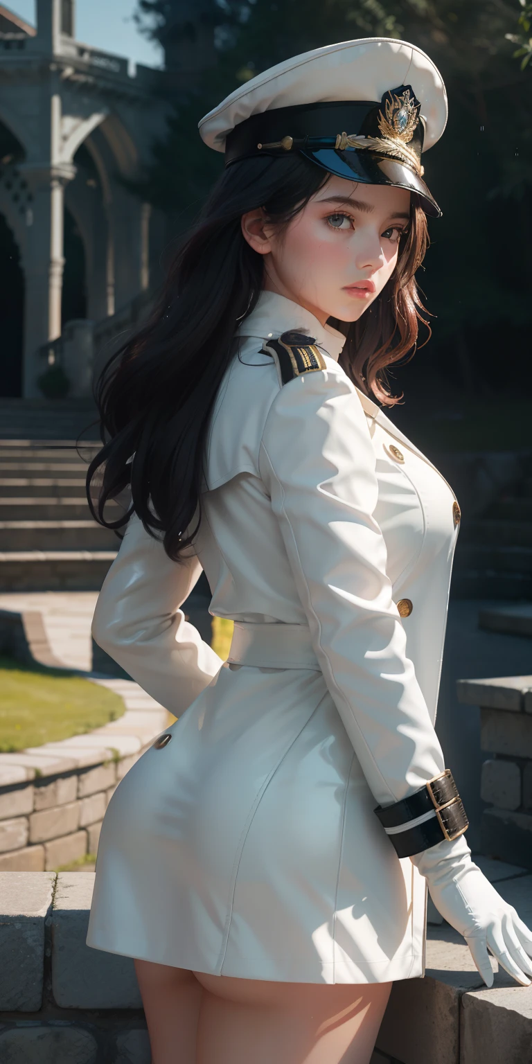 Very detailed CG, 1 girl, red face, slightly open lips, wet body, plump and symmetrical breasts, raised buttocks, long white trench coat, two-breasted buttons, buttoned well, white military cap, white gloves, white boots, green wavy curls, leather whip, chest bump close-up, buttocks close-up, multiple angles, black sky, gloomy castle, dynamic angle, flowing, 8k wallpaper, masterpiece, best quality, super detailed, best lighting, best shadows