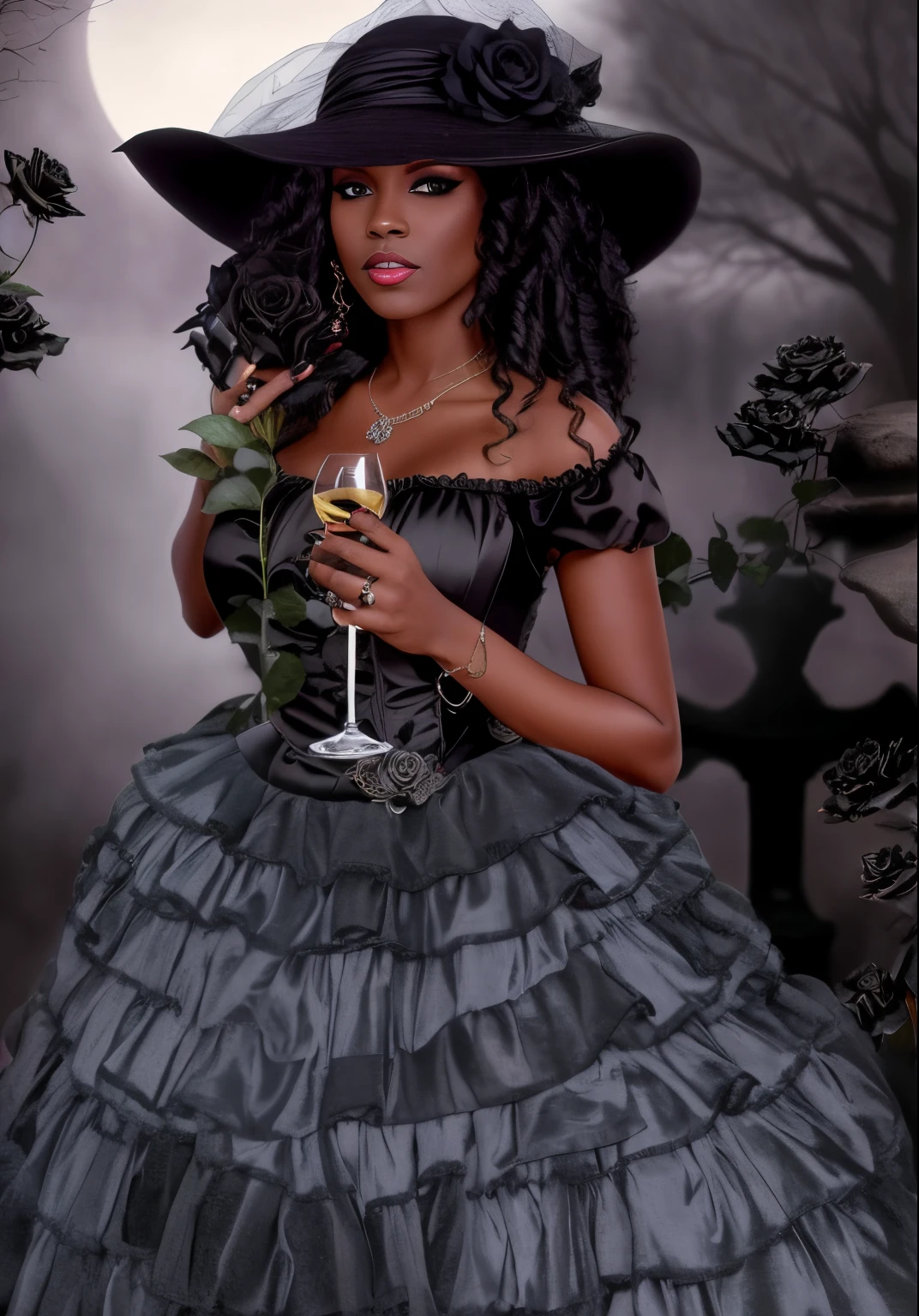 there is a woman in a black dress and hat holding a glass of wine, she is the queen of black roses, an elegant gothic princess, ebony rococo, vampiro vitoriano elegante, gothic maiden, bruxa escura da moda, gothic princess portrait, lovely dark autumn princess, black rococo, gothic maiden of the dark, rainha vampira bonita, Princesa negra africana, gothic romance