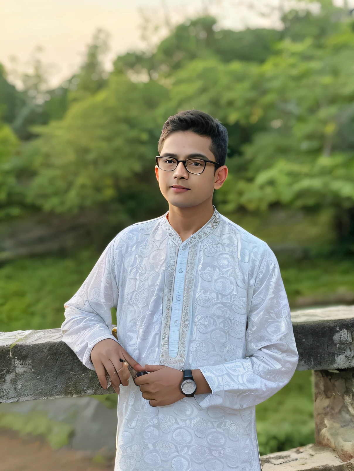 a close up of a man standing on a bridge with a watch, wearing a kurta, assamese aesthetic, wearing a silk kurta, ayan nag, candid picture, during sunset, inspired by Bikash Bhattacharjee, riyahd cassiem, in front of a forest background, with a cool pose, very very low quality picture, background is heavenly