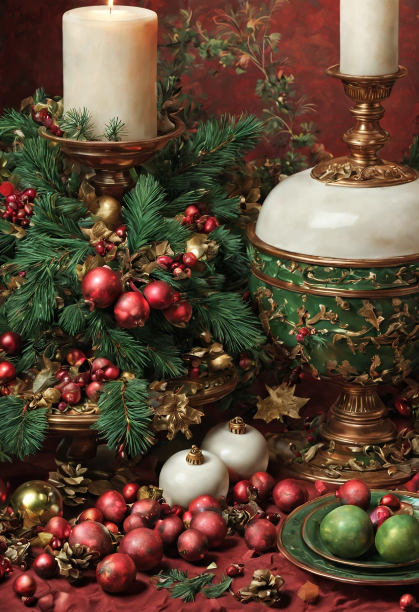 by Bob Byerley, Christmas, color palette of Cranberry, pine green, copper, cream, BREAK, enhance, intricate, (best quality, masterpiece, Representative work, official art, Professional, unity 8k wallpaper:1.3)