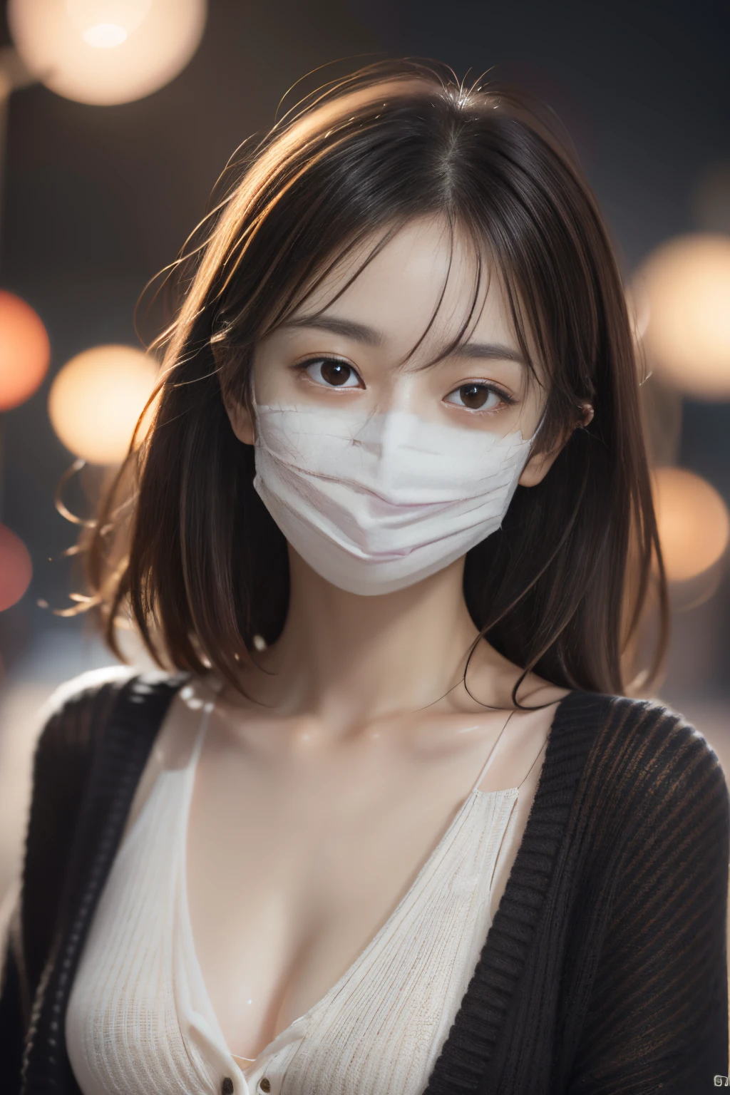 High resolution, Raw photo, Photorealistic, Extremely delicate and beautiful, Extremely detailed, finely detail, Highly detailed CG Unity 8k wallpaper, Ultra-detailed, (Best Quality, 8K, 32K, masterpiece, UHD:1.2), Photo of 20s Pretty Japanese model walking downtown at night, beautiful and detailed face, beautiful and clear eyes, delicate figure, medium hair, slender body, small breasts, (upper body:1.3), (cardigan, non-woven mask on face:1.15)