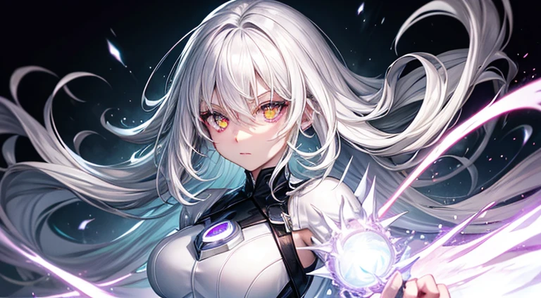 white haired superpowered woman with glowing eyes
