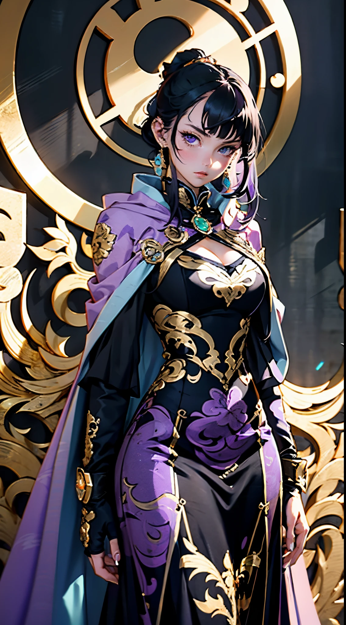 A beautiful young woman, long blue-purple hair, long bangs, ponytail, sharp gaze, a serious expression, a slender and athletic figure, a fantasy martial arts-style two-piece outfit, a fitted qipao-style long skirt, a blue-purple long cloak that almost covers her entire body, adorning her chest is an exquisite jade decorative brooch, purple mist swirls around her, a mysterious atmosphere, this character embodies a finely crafted fantasy martial arts-style female warrior in anime style, exquisite and mature manga art style, high definition, best quality, highres, ultra-detailed, ultra-fine painting, extremely delicate, professional, anatomically correct, symmetrical face, extremely detailed eyes and face, high quality eyes, creativity, RAW photo, UHD, 8k, Natural light, cinematic lighting, masterpiece-anatomy-perfect, masterpiece:1.5