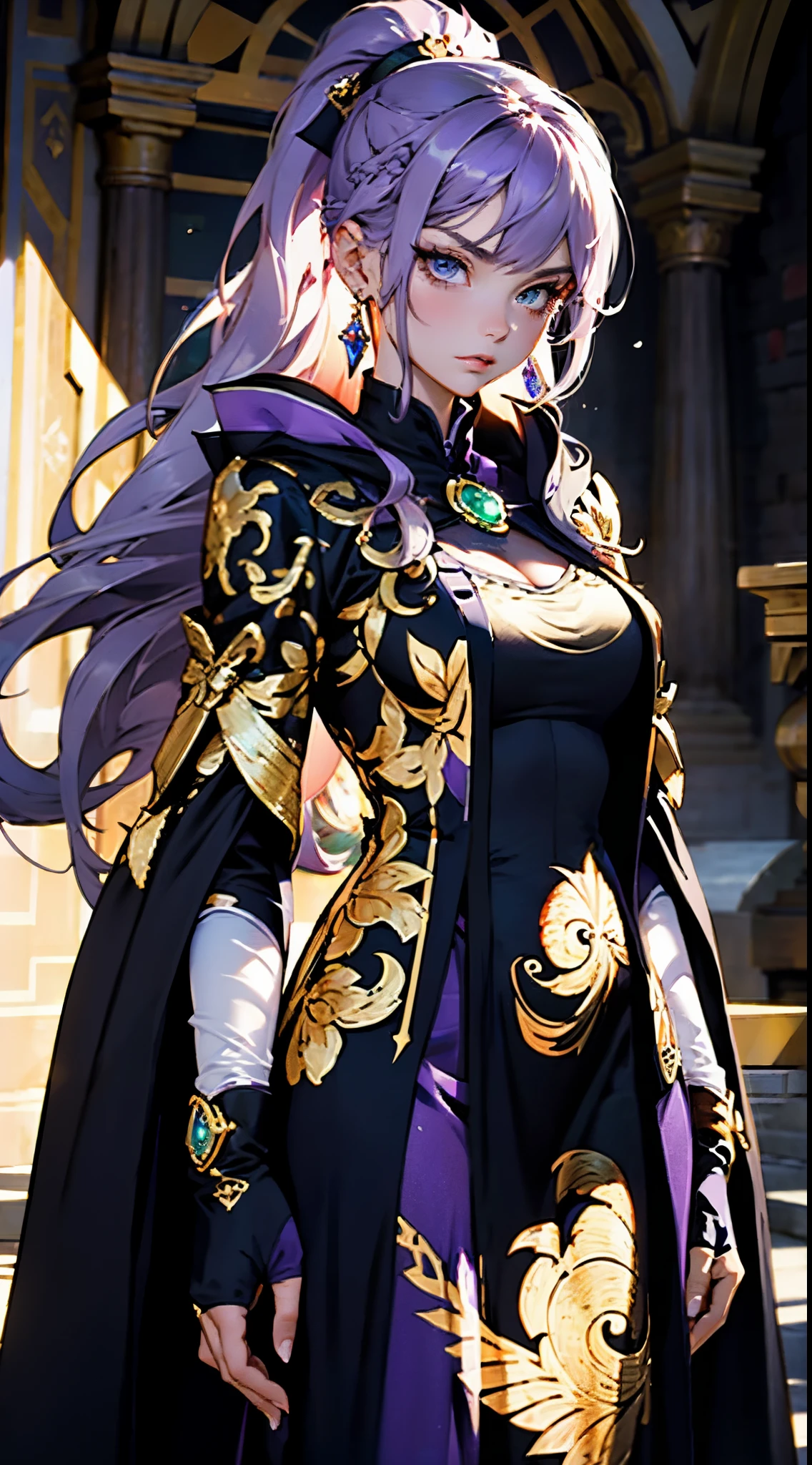 A beautiful young woman, long blue-purple hair, long bangs, ponytail, sharp gaze, a serious expression, a slender and athletic figure, a fantasy martial arts-style two-piece outfit, a fitted qipao-style long skirt, a blue-purple long cloak that almost covers her entire body, adorning her chest is an exquisite jade decorative brooch, purple mist swirls around her, a mysterious atmosphere, this character embodies a finely crafted fantasy martial arts-style female warrior in anime style, exquisite and mature manga art style, high definition, best quality, highres, ultra-detailed, ultra-fine painting, extremely delicate, professional, anatomically correct, symmetrical face, extremely detailed eyes and face, high quality eyes, creativity, RAW photo, UHD, 8k, Natural light, cinematic lighting, masterpiece-anatomy-perfect, masterpiece:1.5