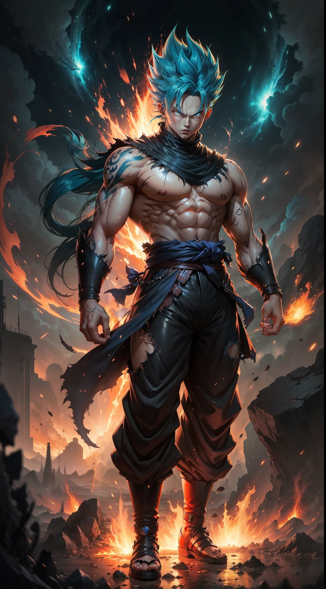 Get ready for a visual feast with the Gohan, glowing blue hair and tattoo, a being with a handsome face and piercing red eyes. In his transformed state, he radiates extreme instinct and power, making for an epic anime about this energy man. Watch as he controls fire and lava in stunning anime artwork that will leave you in awe. This concept art is straight out of the Bleach Universe, with a manga-style 8k wallpaper that will transport you to another dimension. Prepare to be amazed by this detailed digital anime art, showcasing the ultimate fusion of style and power.
