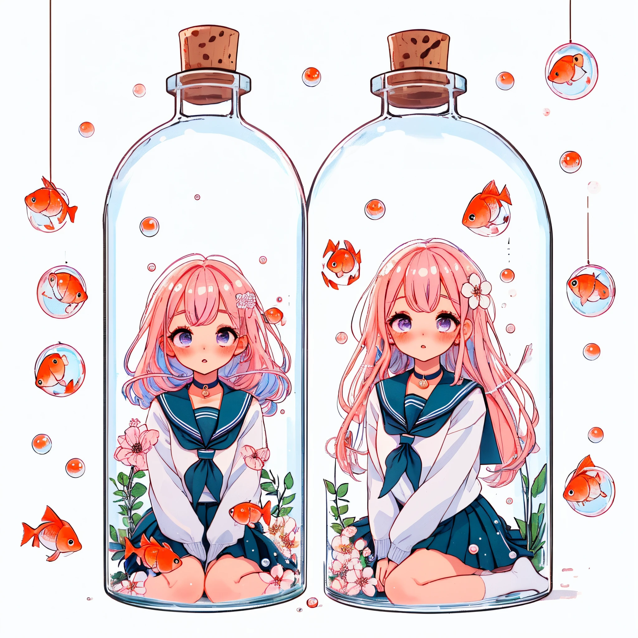 1girl, solo, girl in a bottle, bottle, in container, white background, bubble, hair ornament, school uniform, fish, looking at viewer, blush, jar, long hair, flower, hair flower, goldfish, sailor collar, pink hair, simple background, serafuku, long sleeves, bangs, skirt, parted lips, choker, black skirt