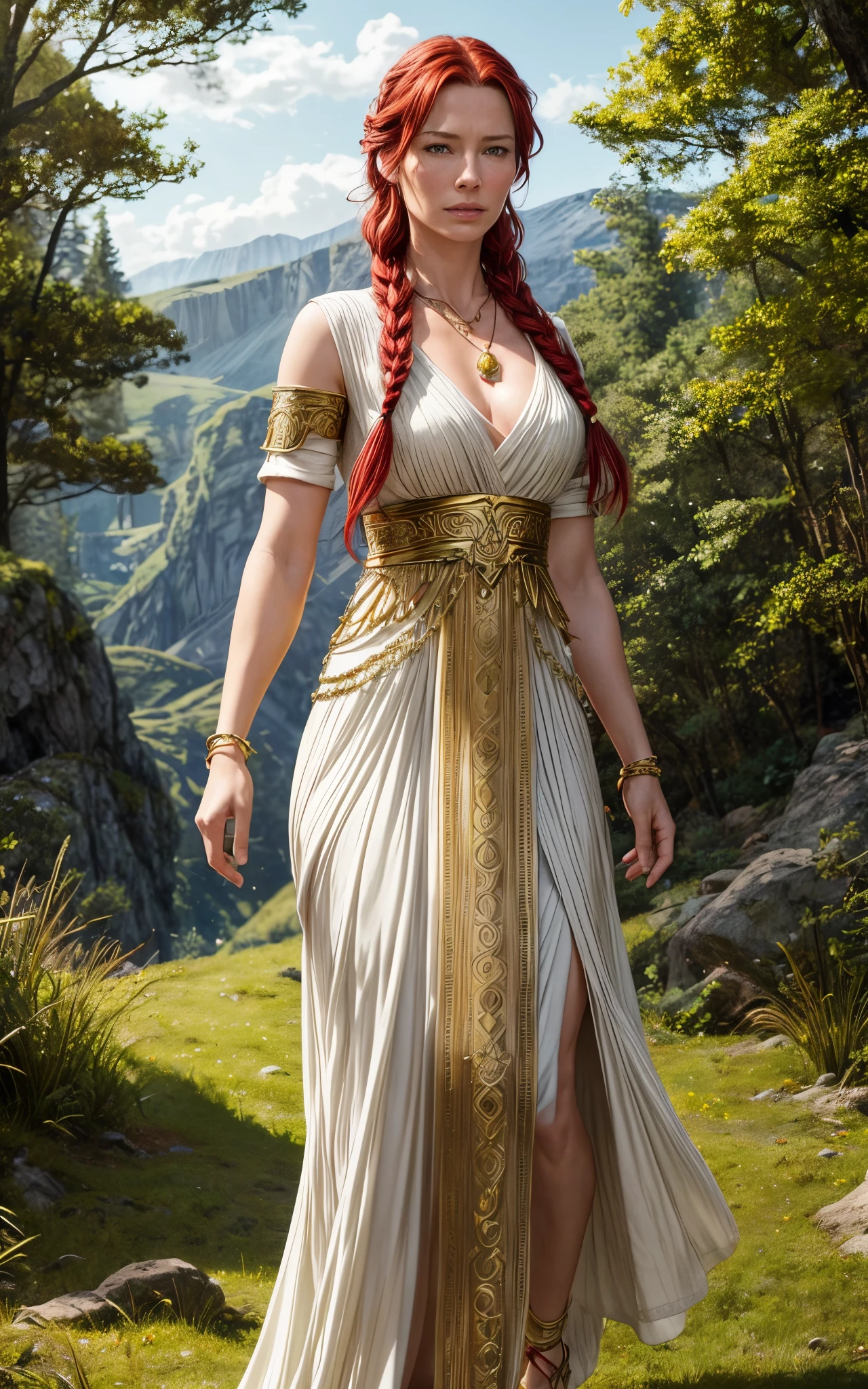 Flamme, Lena Headey:Evangeline Lilly, A 35-year-old woman with red hair, green eyes, sideburns, one large braid, a gold necklace with a ruby pendant, dressed in a white Greek tunic and Roman sandals, with gold bracelets on her arms, forest in the background, masterpiece, hyperdetailed,