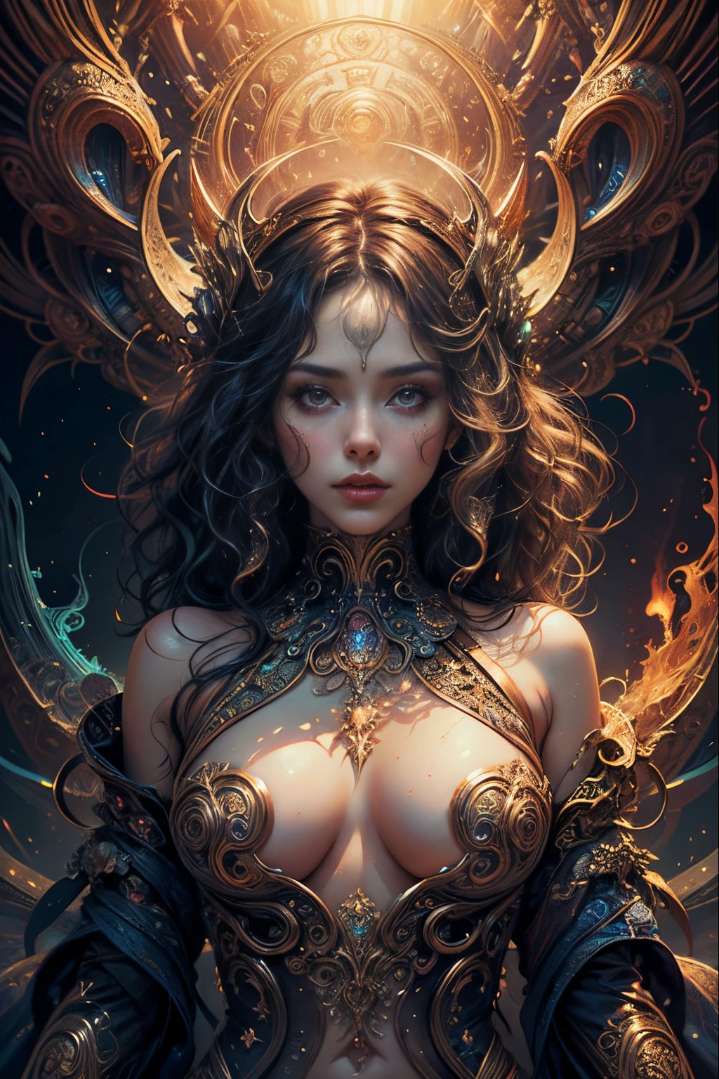 FIRE, wavy, symmetrical design, colorful design, Paisley design, magical design, (masterpiece, top quality, best quality, official art, beautiful and aesthetic:1.2), extreme detailed, (fractal art:1.3), entangle, colorful , magical, cinematic light, erotic, erotic pose, naked