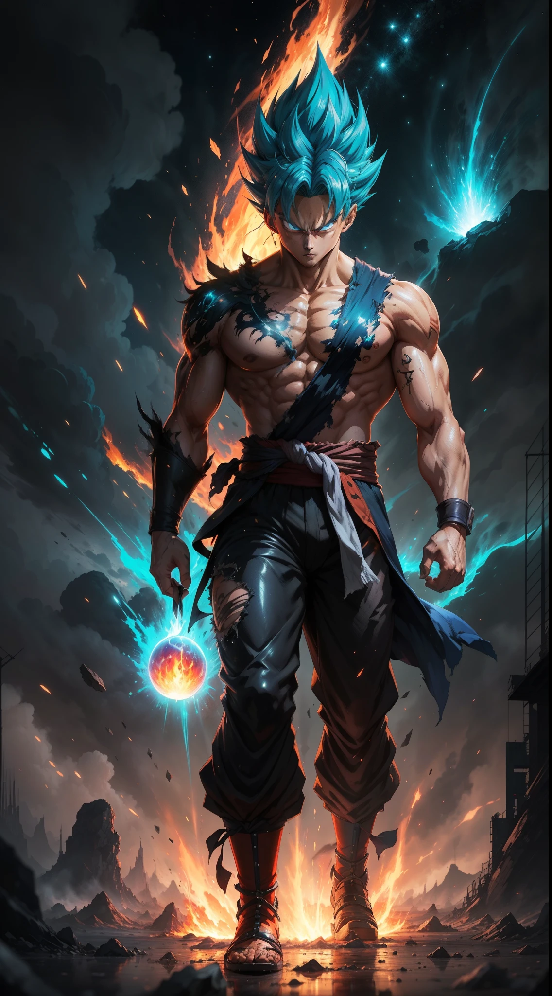 Get ready for a visual feast with the Gohan, glowing blue hair and tattoo, a being with a handsome face and piercing red eyes. In his transformed state, he radiates extreme instinct and power, making for an epic anime about this energy man. Watch as he controls fire and lava in stunning anime artwork that will leave you in awe. This concept art is straight out of the Bleach Universe, with a manga-style 8k wallpaper that will transport you to another dimension. Prepare to be amazed by this detailed digital anime art, showcasing the ultimate fusion of style and power.