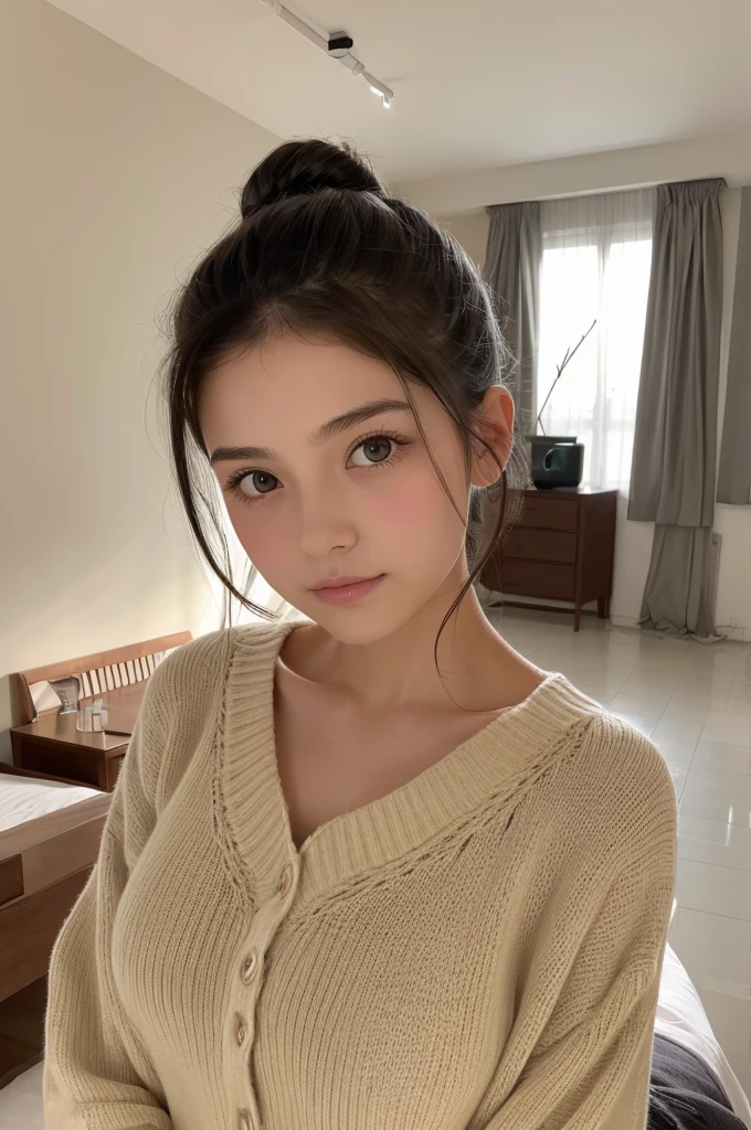 Masutepiece、highest qualityr、high resolusion、Eleonora Pavinato, , Younger headshot in the room sweter z dużym dekoltem big breasts can be seen Beautiful busty girl Black hair Bun hair Beautiful firm breasts are big comb oczami sekowna, sentada en la cama.