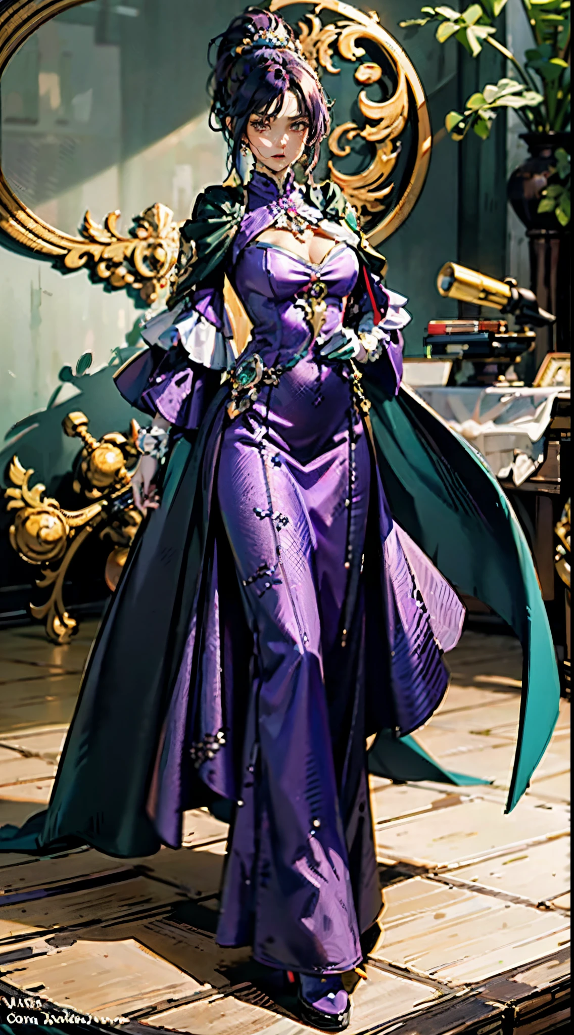 A beautiful young woman, long blue-purple hair, long bangs, ponytail, sharp gaze, a serious expression, a slender and athletic figure, a fantasy martial arts-style two-piece outfit, a fitted qipao-style long skirt, a blue-purple long cloak that almost covers her entire body, adorning her chest is an exquisite jade decorative brooch, purple mist swirls around her, a mysterious atmosphere, this character embodies a finely crafted fantasy martial arts-style female warrior in anime style, exquisite and mature manga art style, high definition, best quality, highres, ultra-detailed, ultra-fine painting, extremely delicate, professional, anatomically correct, symmetrical face, extremely detailed eyes and face, high quality eyes, creativity, RAW photo, UHD, 8k, Natural light, cinematic lighting, masterpiece-anatomy-perfect, masterpiece:1.5