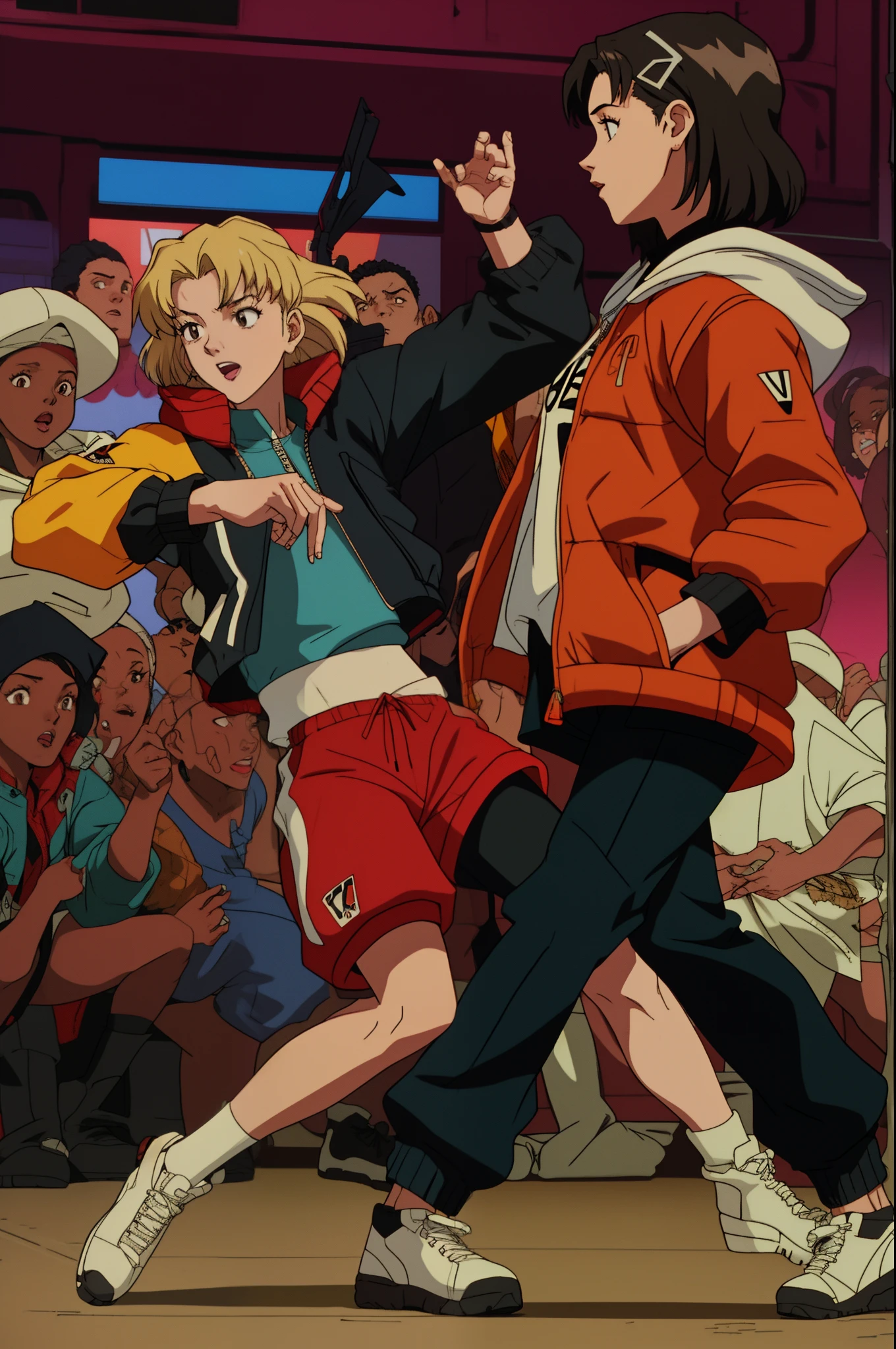 (hip hop scene) 2 females rappers in chuncky loose edgy puffer jackets doing a dance in the bronx breakdancing hip hop cheography evangelion anime style