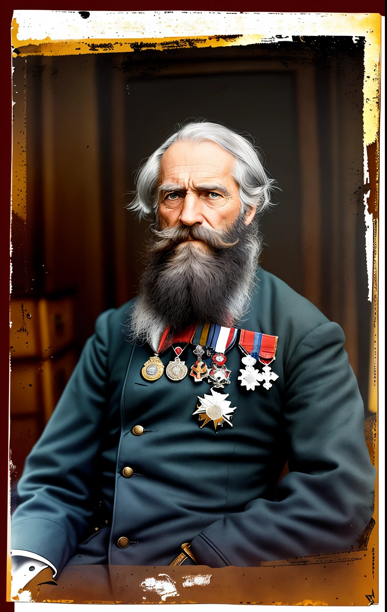 arafed man with a long beard and a medal around his neck, decorated civil war veteran, wearing many medallions, award winning colorized photo, inspired by John Brown Abercromby, colorized photograph, colourized, a colorized photo, colour portrait photograph, inspired by John Brown, inspired by Eugene von Guerard, john singer sargant, grey beard