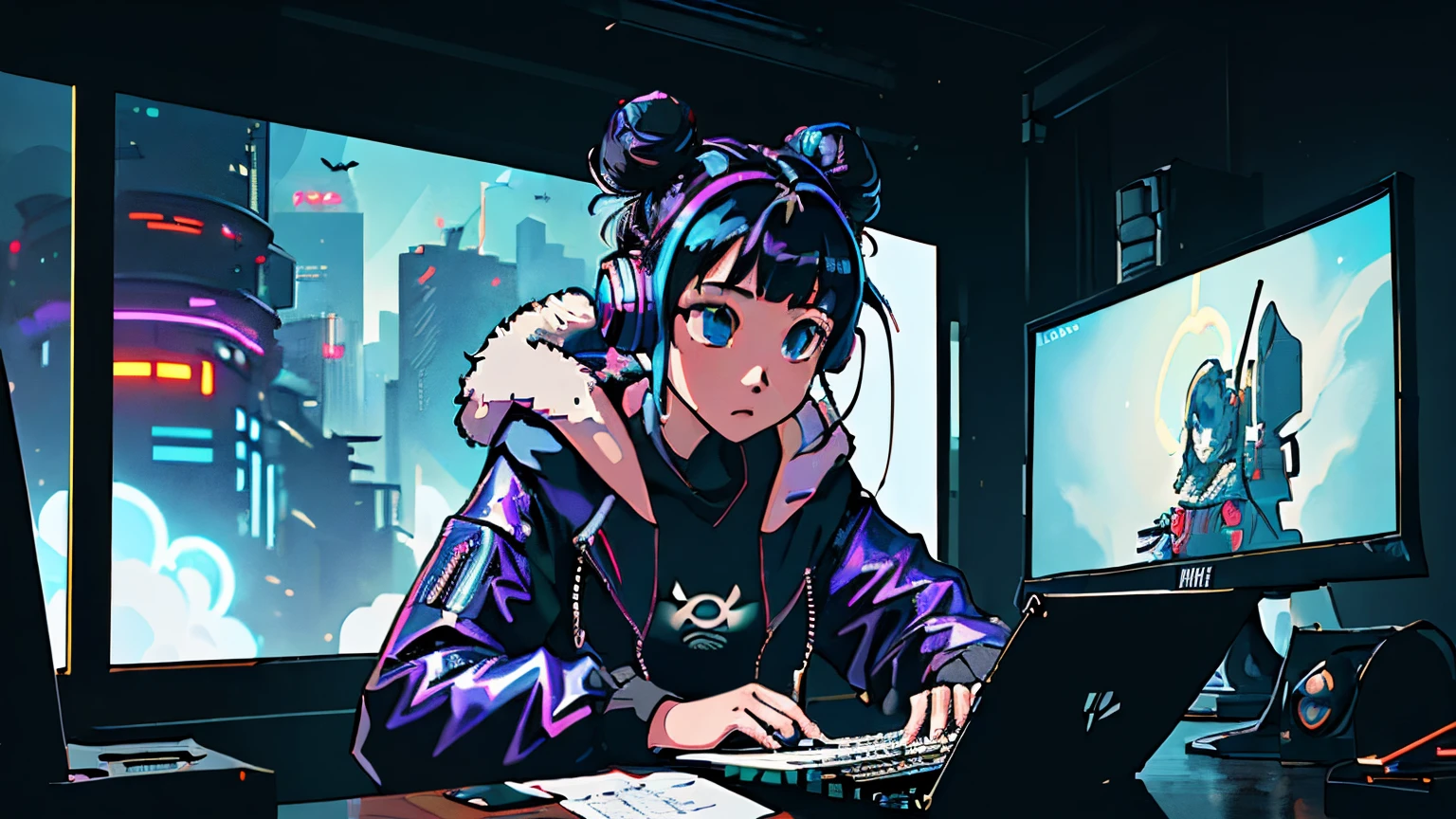 masterpiece,best illustration,solo,1girl,sitting,hair bun,keyboard \(computer\),fur trim,computer,monitor,hood,jacket,hood down,chair,headphones,city,double bun,instrument,cyberpunk, a small wooden toy,\(\(intricate details\)\),colorful details,iridescent colors BREAK,\(\(masterpiece best quality\)\),4k,ultra detailed,detailed lighting,\(\(inspired by Hayao Miyazaki\)\),official art,promotional art,composition,