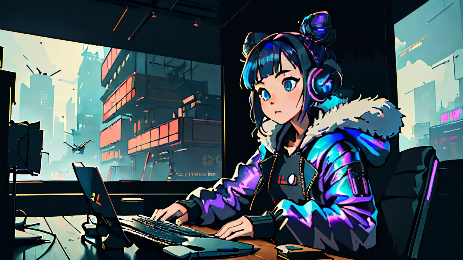 masterpiece,best illustration,solo,1girl,sitting,hair bun,keyboard \(computer\),fur trim,computer,monitor,hood,jacket,hood down,chair,headphones,city,double bun,instrument,cyberpunk, a small wooden toy,\(\(intricate details\)\),colorful details,iridescent colors BREAK,\(\(masterpiece best quality\)\),4k,ultra detailed,detailed lighting,\(\(inspired by Hayao Miyazaki\)\),official art,promotional art,composition,