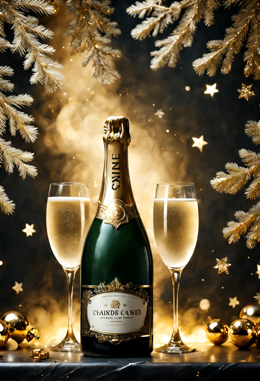 Christmas poster, Evergreen, champagne gold, bone white, smokey charcoal, BREAK, enhance, intricate, (best quality, masterpiece, Representative work, official art, Professional, unity 8k wallpaper:1.3)