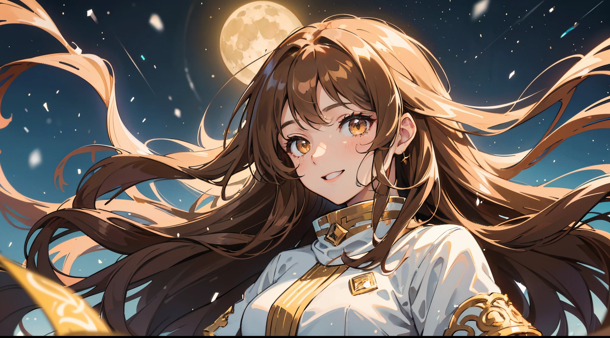 Woman , long brown wavy hair, long brown wavy hair, floating wavy hair, wavy hair, golden eyes, golden eyes, FOV, f1.8, masterpiece, complex scene, front portrait shot, casual clothing, modern clothing, simple clothing, winter clothing, snowing, night, moon in the sky, stars in the sky, city in background, smiling