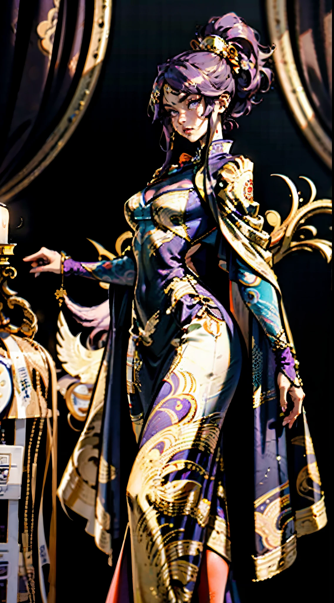 A beautiful young woman, long blue-purple hair, long bangs, ponytail, sharp gaze, a serious expression, a slender and athletic figure, a fantasy martial arts-style two-piece outfit, a fitted qipao-style long skirt, a blue-purple long cloak that almost covers her entire body, adorning her chest is an exquisite jade decorative brooch, purple mist swirls around her, a mysterious atmosphere, this character embodies a finely crafted fantasy martial arts-style female warrior in anime style, exquisite and mature manga art style, high definition, best quality, highres, ultra-detailed, ultra-fine painting, extremely delicate, professional, anatomically correct, symmetrical face, extremely detailed eyes and face, high quality eyes, creativity, RAW photo, UHD, 8k, Natural light, cinematic lighting, masterpiece-anatomy-perfect, masterpiece:1.5