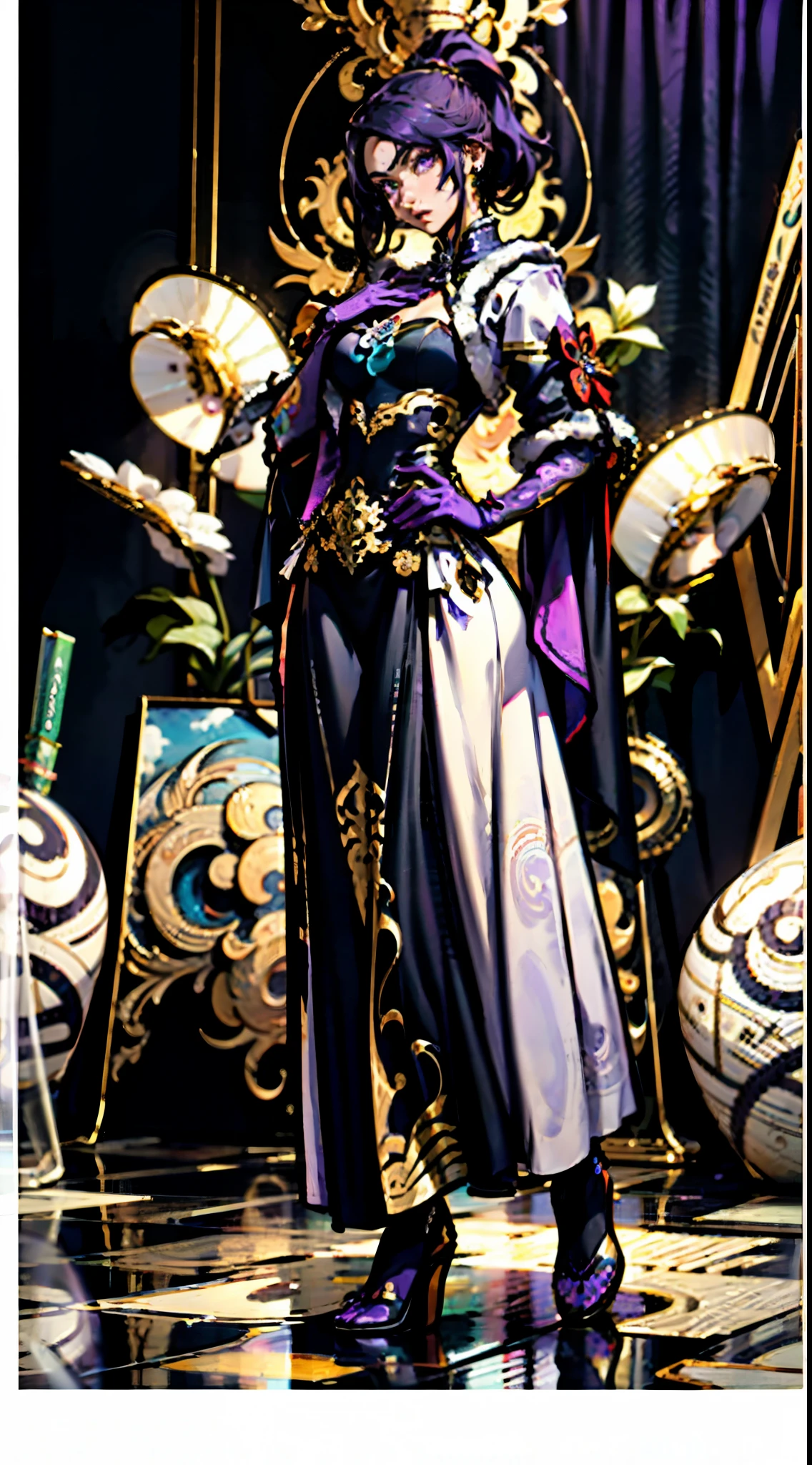 A beautiful young woman, long blue-purple hair, long bangs, ponytail, sharp gaze, a serious expression, a slender and athletic figure, a fantasy martial arts-style two-piece outfit, a fitted qipao-style long skirt, a blue-purple long cloak that almost covers her entire body, adorning her chest is an exquisite jade decorative brooch, purple mist swirls around her, a mysterious atmosphere, this character embodies a finely crafted fantasy martial arts-style female warrior in anime style, exquisite and mature manga art style, high definition, best quality, highres, ultra-detailed, ultra-fine painting, extremely delicate, professional, anatomically correct, symmetrical face, extremely detailed eyes and face, high quality eyes, creativity, RAW photo, UHD, 8k, Natural light, cinematic lighting, masterpiece-anatomy-perfect, masterpiece:1.5