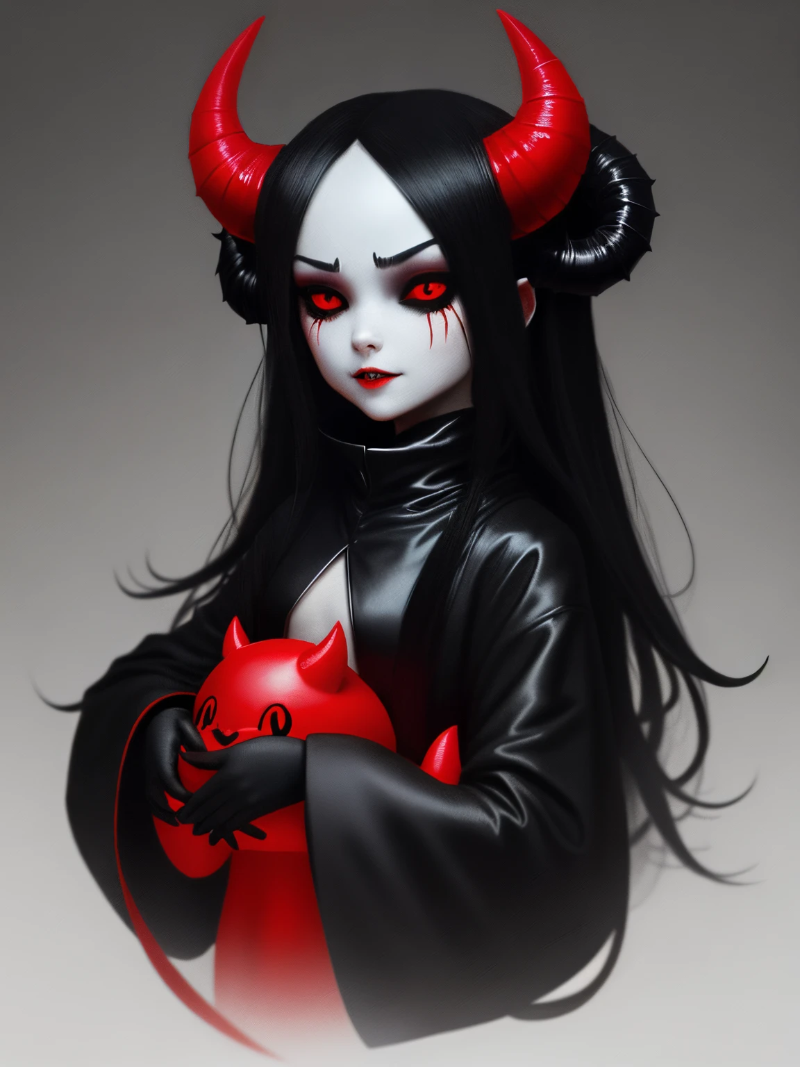 Full body manga style, a female demon white, 19 year old, black hair (horn on forehead red, long demon tail) 3/4 naked looks camera behind her, sitting naked on her bed hiding her vagina with her hands, dark atmosphere, in a city at night, wide shot, Blade Runner style and bright light.