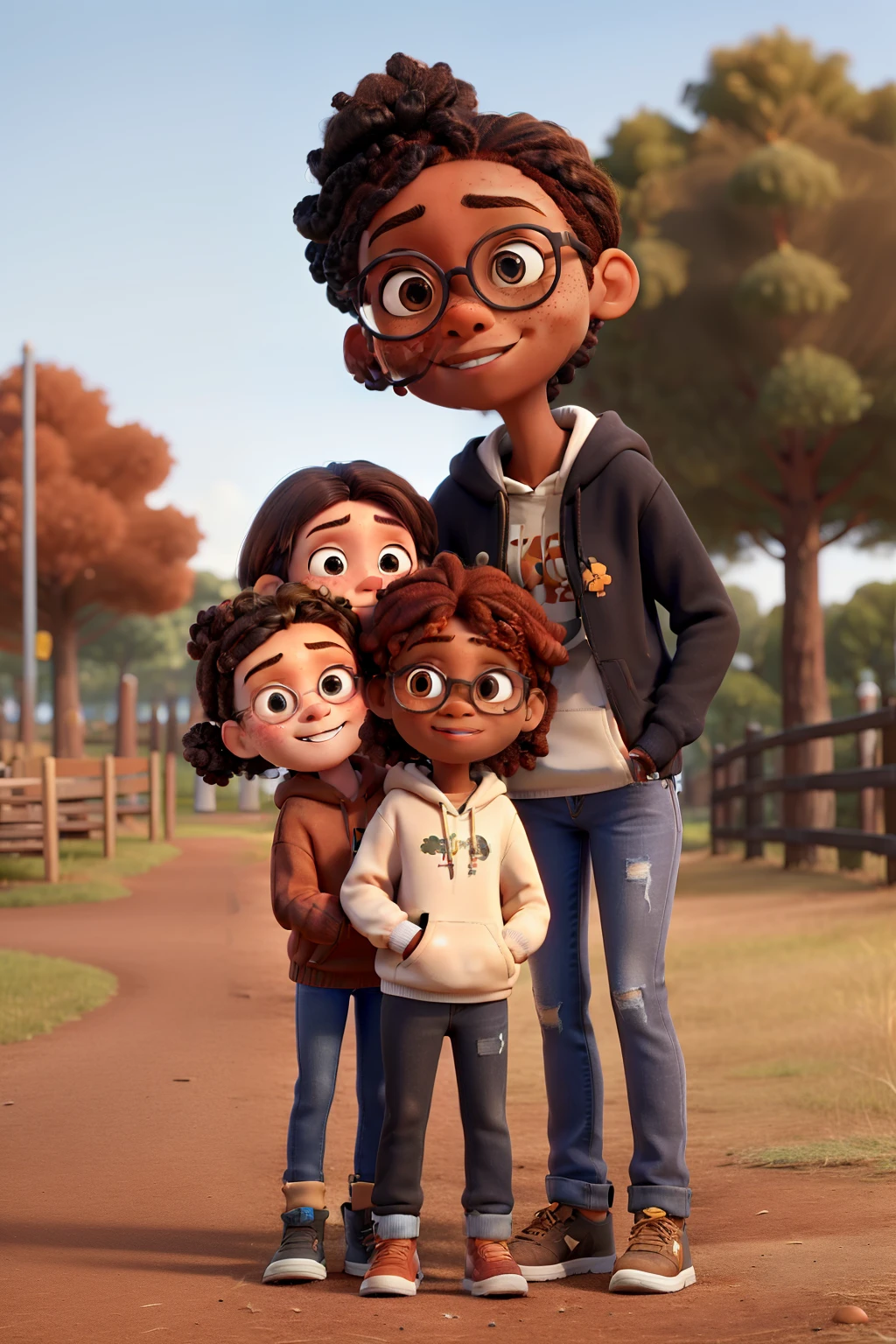 A brown ginger girl thats tall and has a little bit of freckles with her hair out, a black hoodie and blue jeans hugging a short girl with dark brown hair in a bun on the head and golden metal glasses, akne and wearing a grey hoodie and black flared jeans. They are in the park