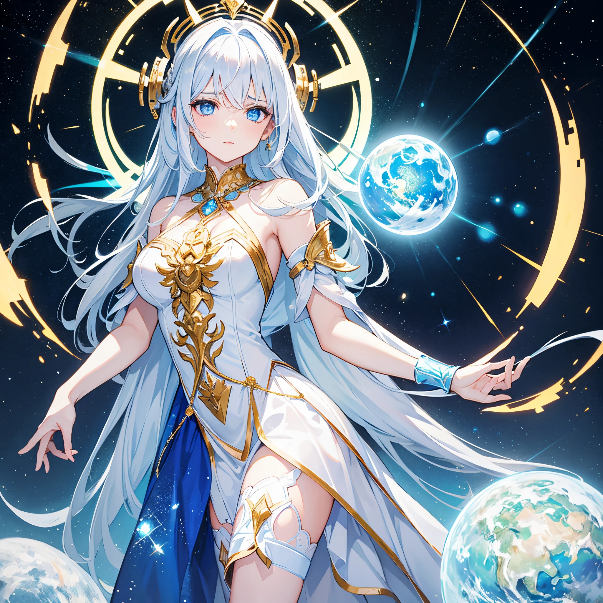 Powerful goddess,looking straight into the camera,blue eyes,cold expression,holding the earth,white beautiful short intricate lacing dress along with gold jewlery