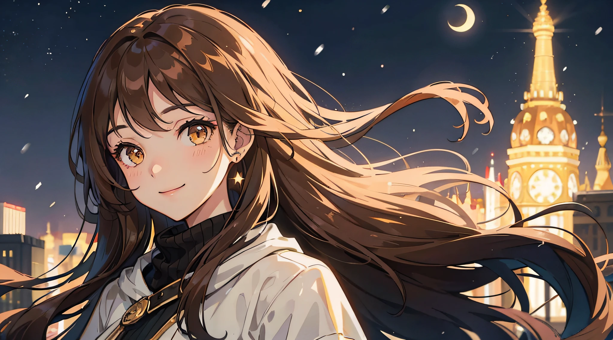 Woman , long brown wavy hair, long brown wavy hair, floating wavy hair, wavy hair, golden eyes, golden eyes, FOV, f1.8, masterpiece, complex scene, front portrait shot, casual clothing, modern clothing, simple clothing, winter clothing, snowing, night, moon in the sky, stars in the sky, city in background, crowd, close up, smiling