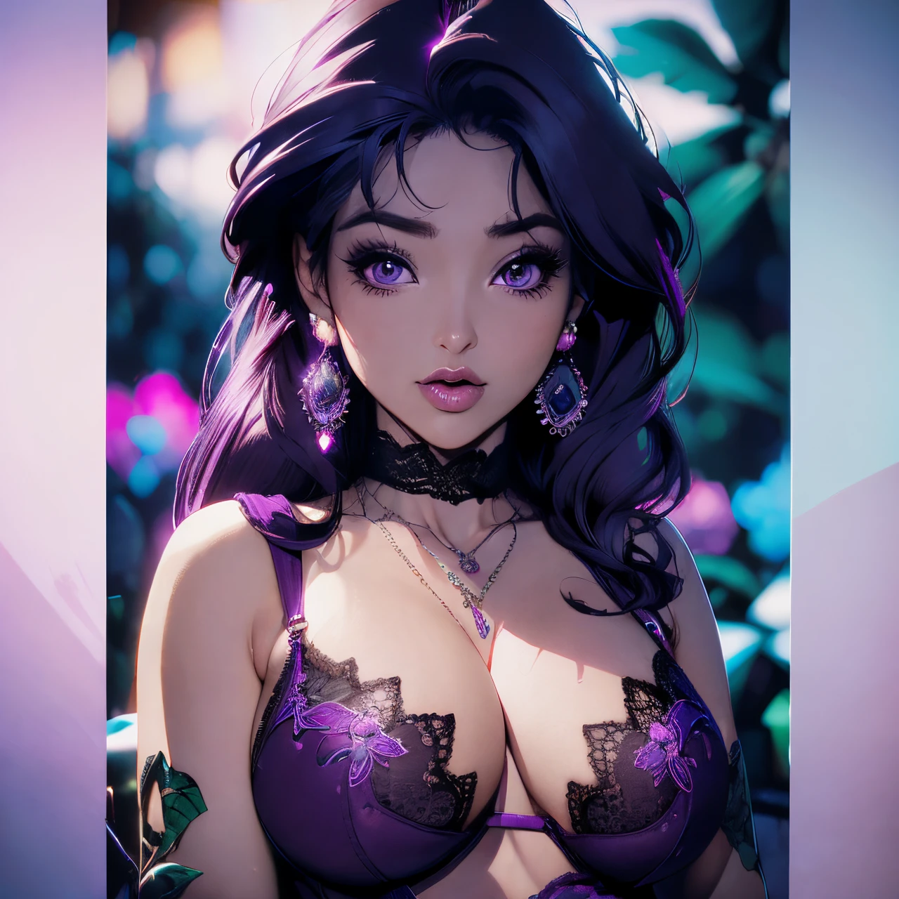 (ultra-detailed,photorealistic:1.2), HDR, professional, vivid colors, bokeh, 3D rendering, sexy curvy girl, solo, purple hair, ahegao face, big boobs, sensual, seductive pose, soft lighting, lace lingerie, high heels, boudoir photography, glamorous, confident expression, alluring gaze