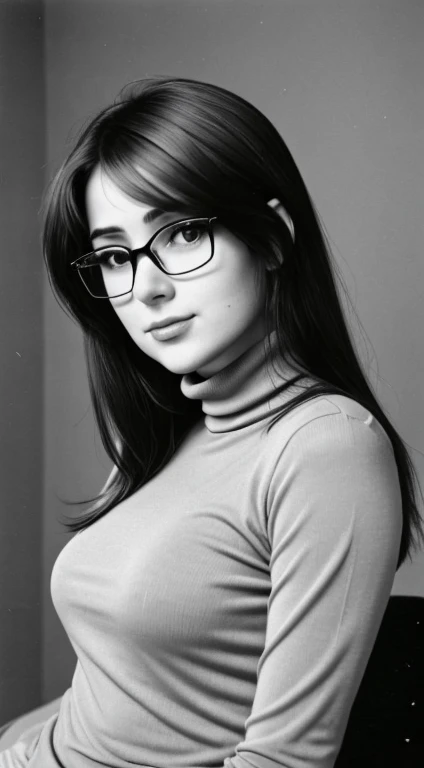 Realistic 80s photo on monochrome film; modest shy young petite plump Russian woman 38 years old, beautiful proportional round face, round cheeks, Round chin, Big shiny brown eyes, eyeglasses, beautiful small nose, Parted full sensual lips, Serious, calm pleasant smile, medium length brown thick tousled hair; small proportional plump body, beautiful very small realistic breasts with realistic large erect nipples (Nipple erection), (without underwear), Black thin nylon turtleneck, embarrassed look at the camera, (upper-body), natural light; Monochrome image