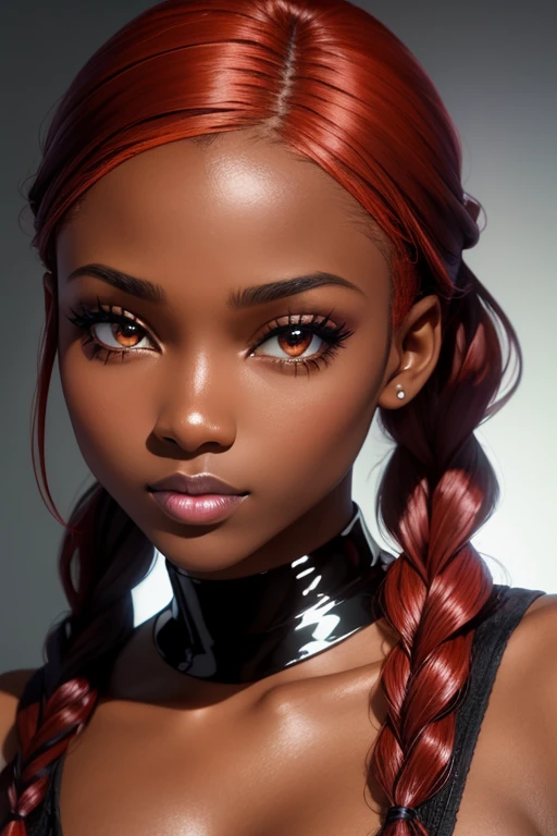 lip gloss, eyelashes, glossy side, shiny black skin, dark skin, best quality, ultra-high resolution, depth of field, chromatic aberration, caustic, wide light, natural shadow, red hair, french braid, fully body
