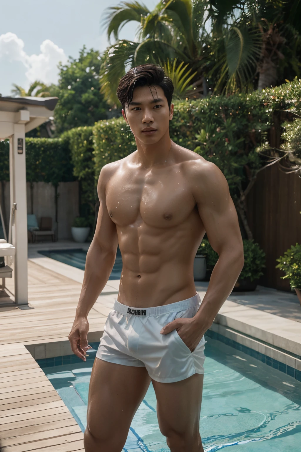 Korean male model, k pop idol, topless, muscles, head to toe, full body portrait, standing ,luxury cruise background, realistic, romantic, photograph, portrait, elegance handsome, athlete body, fashion set, mens wear, shorts, shorts hi cut underwear, full frame, army, secret agent, appeals, westworld, playful, playing water by pool side in wet underwear