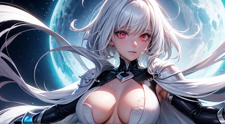 half-naked sexy superpowered woman with white hair with glowing eyes with big hole in the middle of her chest almost dying