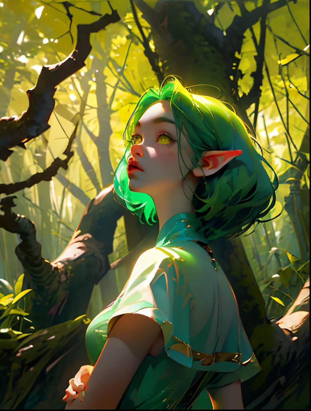 elvish、 Green hair,  2D, yellow  eyes, short-hair, animesque、in woods、