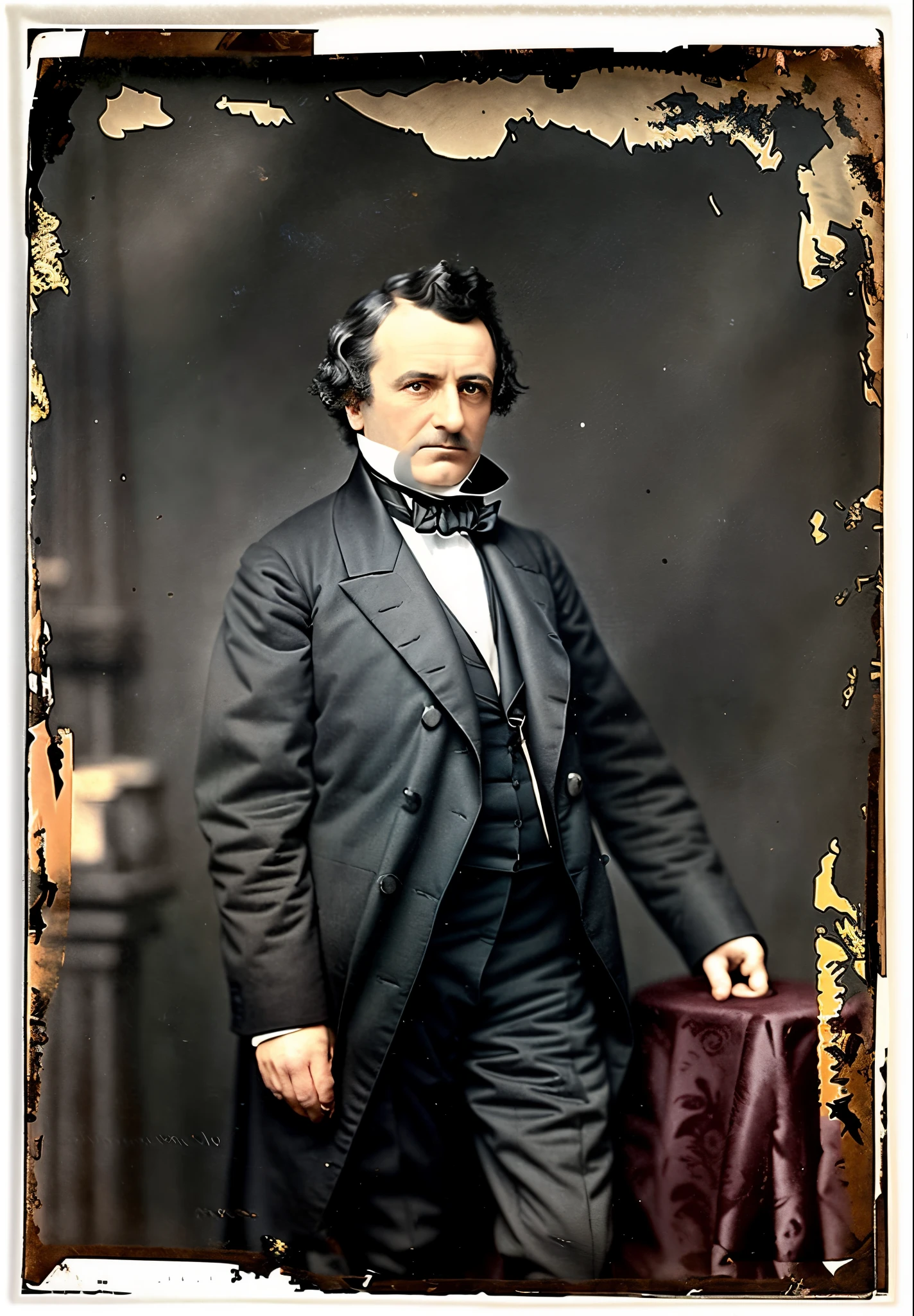 arafed photograph of a man in a suit and bow tie, colored daguerreotype, colorized photograph, formal portrait, portrait of a handsome, colorized photo, old color photograph, portrait of a man in a suit, mathew brady photo, color studio portrait, a colorized photo, portrait of a victorian era duke, colorized, historic portrait