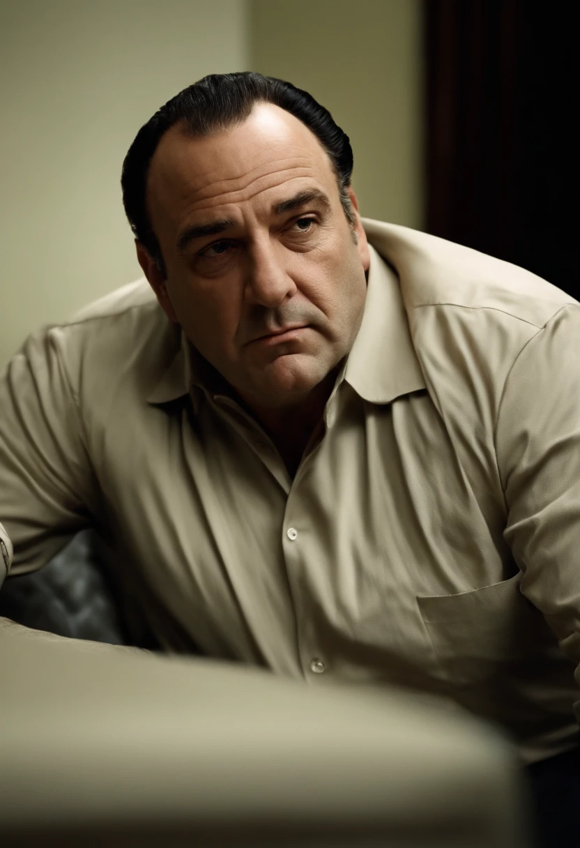 A photo of Tony in his therapy session, deep in thought while talking to his therapist.,The Sopranos,Tony Soprano, the fictional mob boss in “The Sopranos,” is a physically imposing figure, with a broad, stocky build, and a face that often shifts between a charming smile and a menacing glare. His attire, usually consisting of sharply tailored suits or casual polo shirts, adds to his air of authority and the duality of his life as a mobster and family man., male