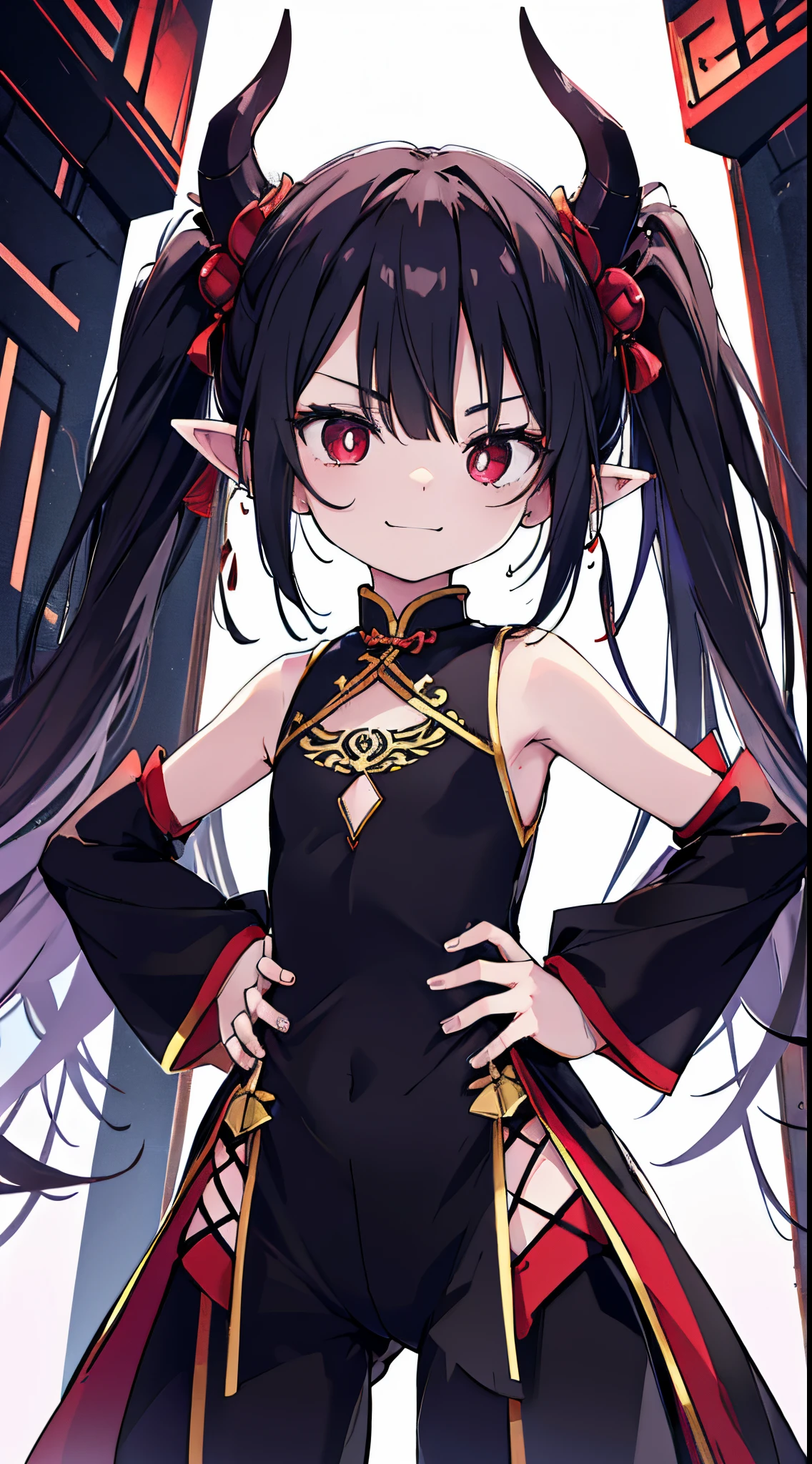 (8K、Top image quality、top-quality、​masterpiece)、1 loli、A dark-haired、(Twin-tailed)、Red eyes、smirk grin、demonic horns、Pointed ears、piercings、Smaller chest、(black chinese clothes)、sleeveless、is standing、cowboy  shot、Put your hands on your hips、Taken from below、natta、Back alley background