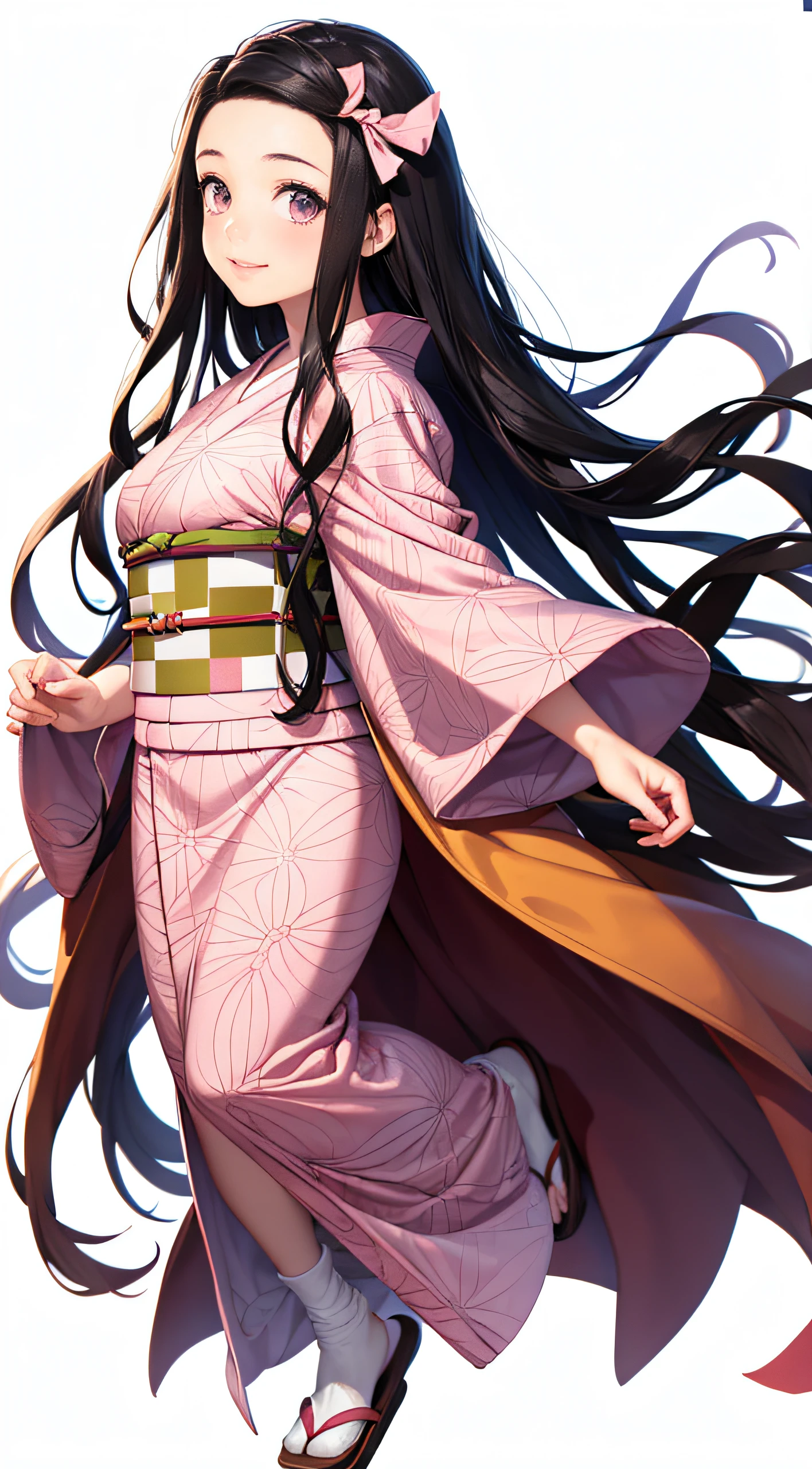 masterpiece, kamado nezuko, (full body:1.4), 1girl, solo, standing, pink color theme, manga style, pink yukata, looking at the viewer, side front pose, ((on white background)), ultrahd, realistic, perfect face, perfect body, realistic, ultra-detailed face, ultra-detailed eyes, smile, kimono