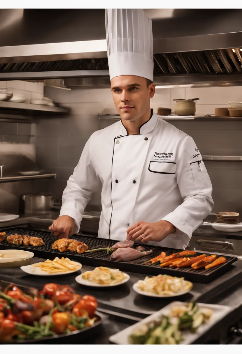A picture of FusionChef standing in front of a grill, with various ingredients laid out on the counter,original,Young white man wearing a chef coat, male