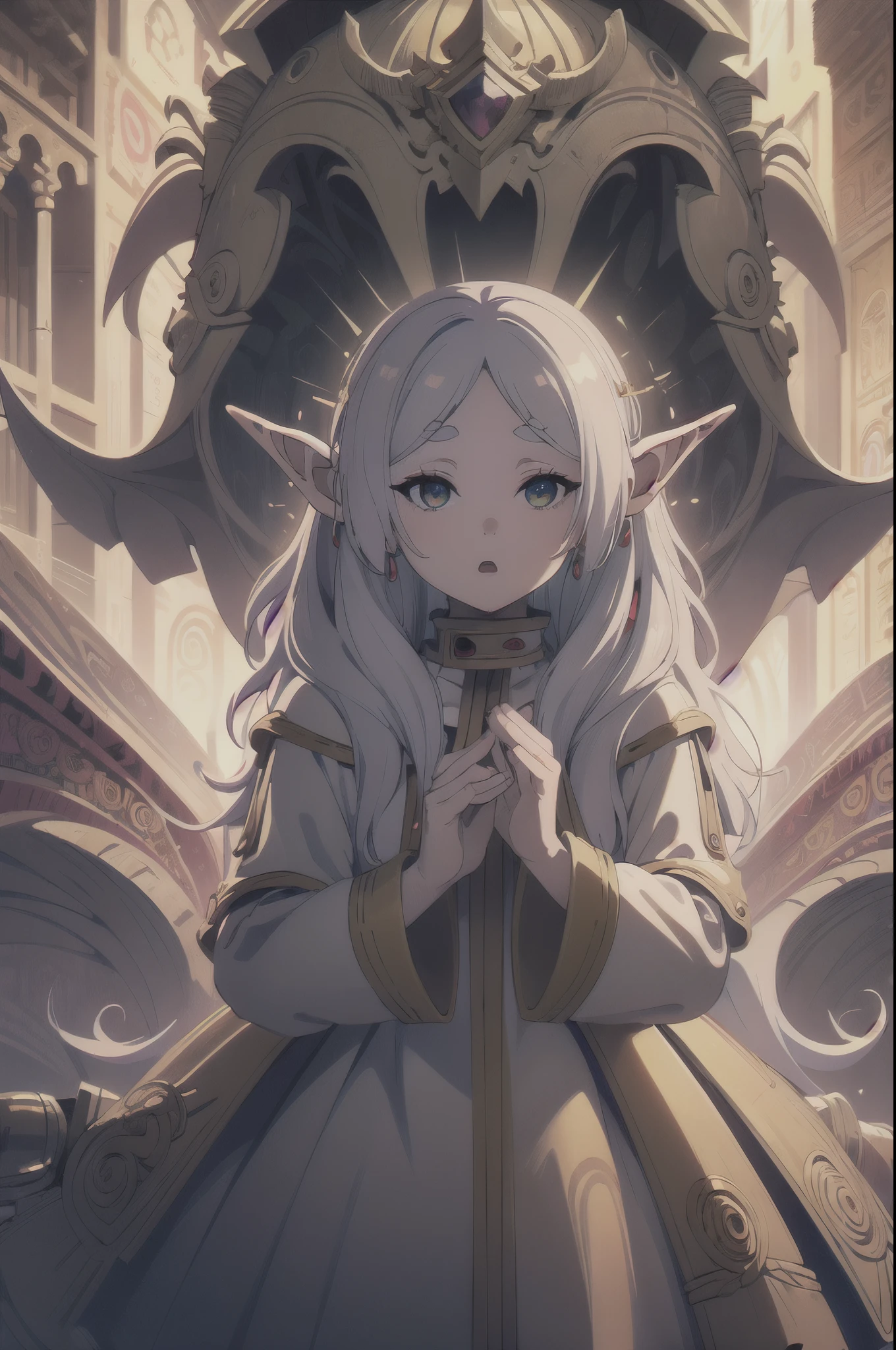 Frieren Elf, wavy, symmetrical design, colorful design, Paisley design, magical design, (masterpiece, top quality, best quality, official art, beautiful and aesthetic:1.2), extreme detailed, (fractal art:1.3), entangle, colorful , magical, cinematic light, erotic, erotic pose,
