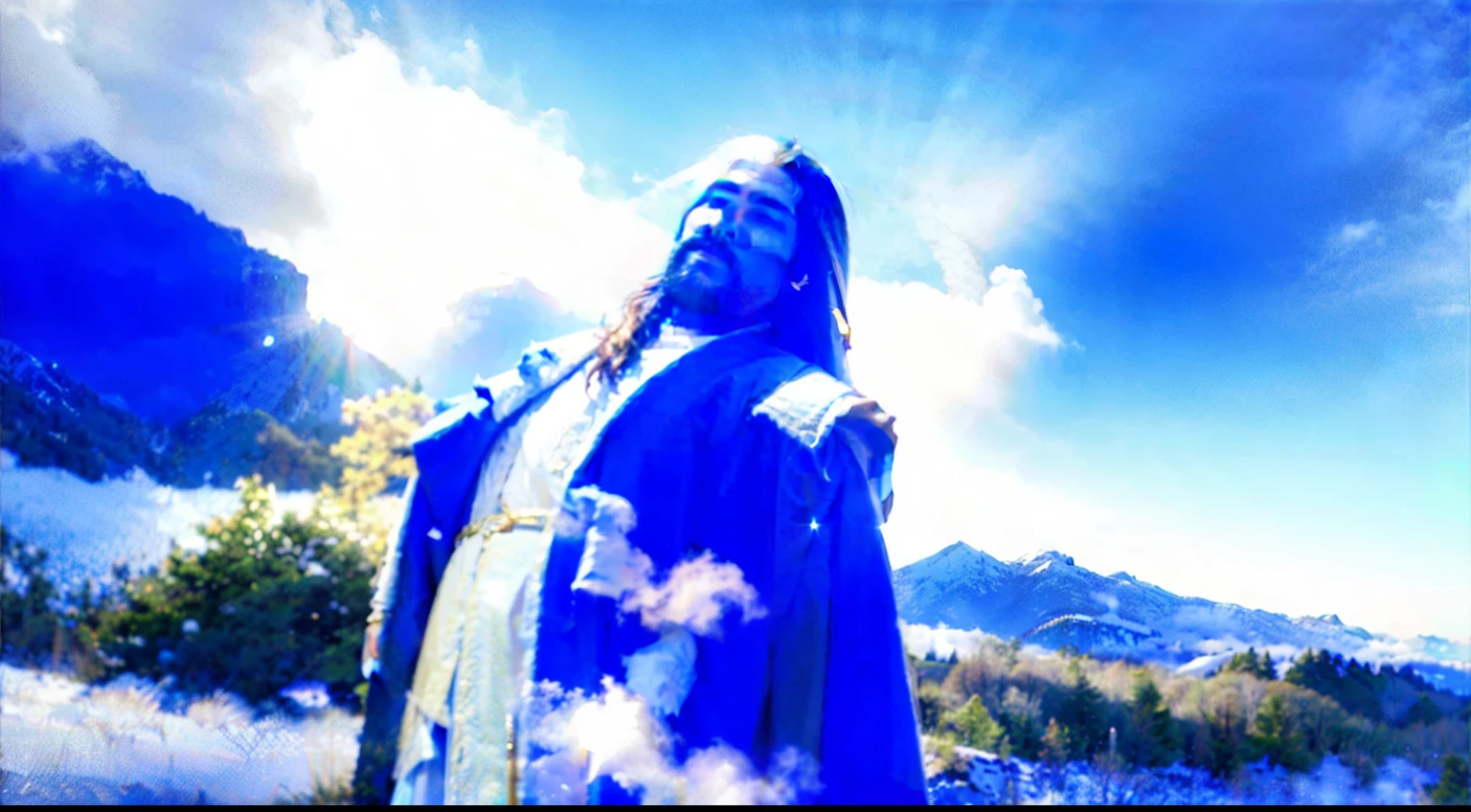 Jesus Christ is standing on a hill, Looking at the horizon. He is wearing a white robe and a blue cloak, and his hair is long and dark. He has a beard and a mustache, and his eyes are blue. He is smiling, and his expression is one of love and compassion. the sun is shining behind his head, and the clouds are white and fluffy. The air is full of birds. The landscape is beautiful, with mountains, rivers and forests. Jesus is an imposing and majestic figure. He is the son of God, and He came to Earth to save humans from their sins. He is a divine being, and he is worthy of our worship. _16:9