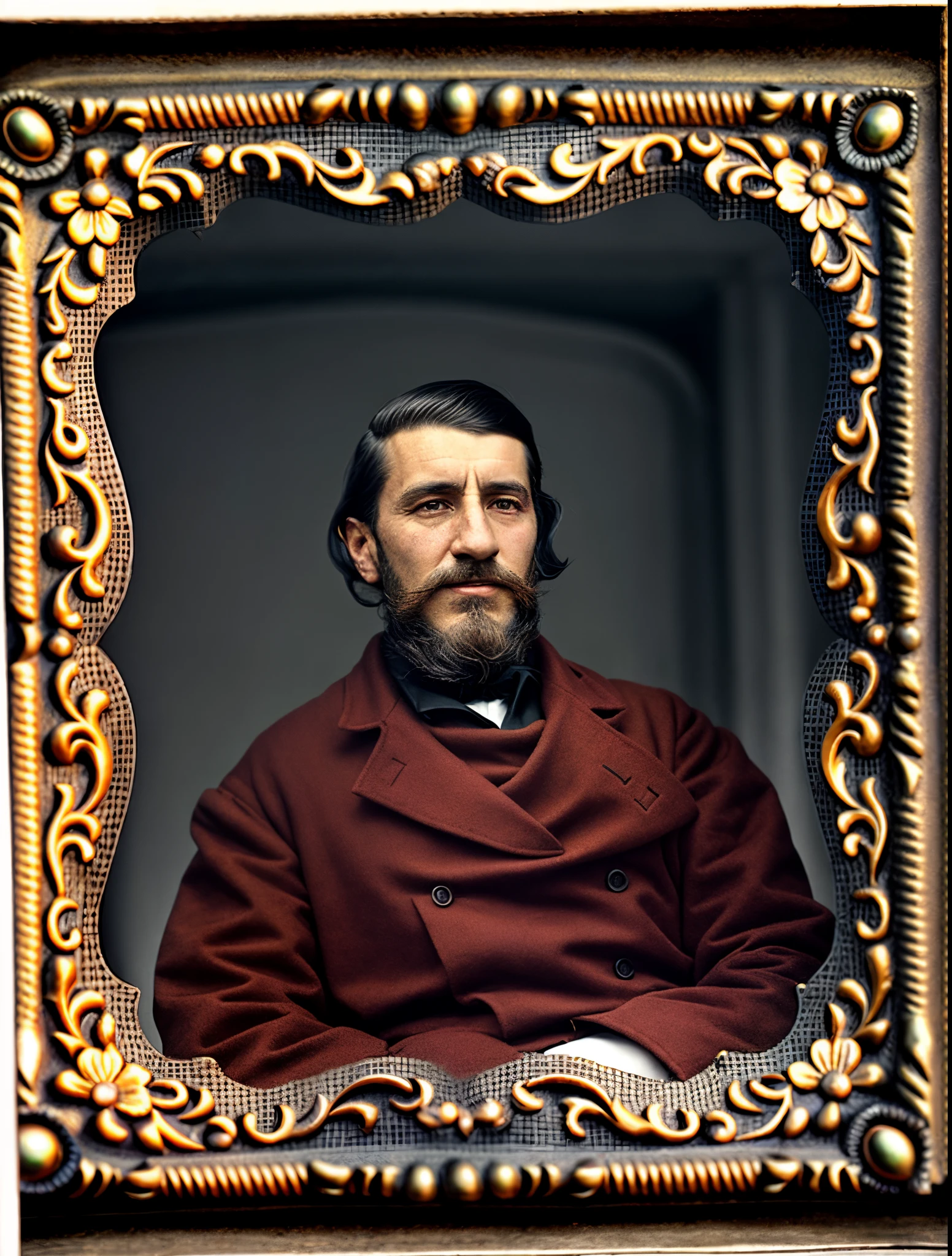 arafed man with a beard sitting in a chair with a mirror, inspired by Serhii Vasylkivsky, center frame portrait, autochrome pearl portrait, inspired by Francisco Oller, ilya kushinov, vintage color photo, old color photograph, old color photo, colorized photograph, alexander abdulov, inspired by Konstantin Vasilyev