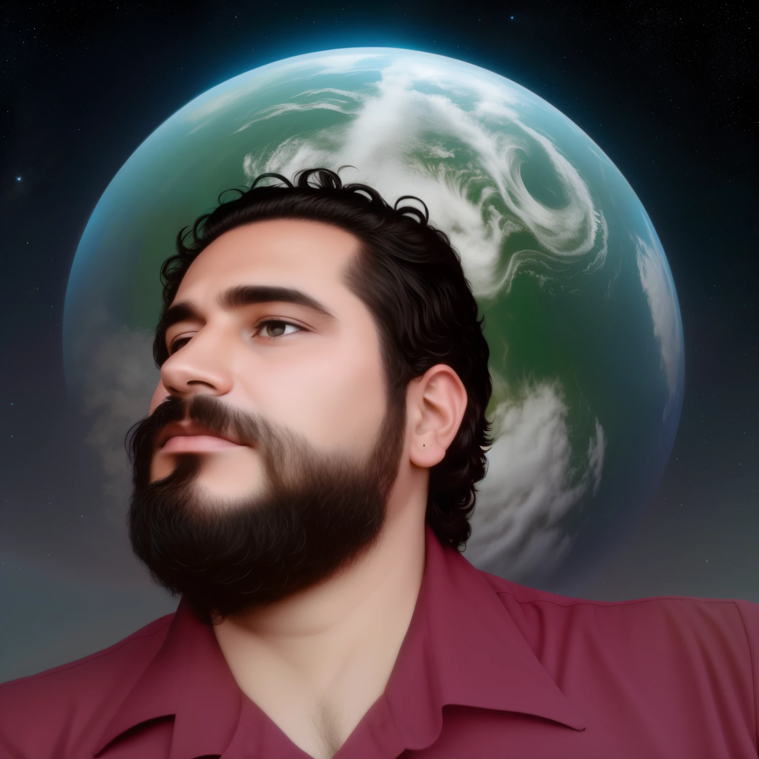 Pelo flotando en el aire, Vista posterior, Mira el sol, Hay una nave espacial en el cielo, Tres soles, Un hombre con barba y camisa roja, 38-year old man, De pie en la estepa, Paisaje, universo, 8k, Super detail