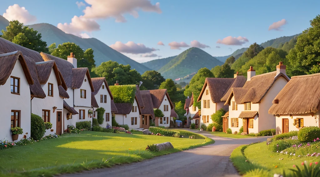 A quaint 16th-century village nestled amidst rolling hills and verdant meadows.Imagine a charming village scene bathed in the warm hues of a setting sun. Quaint cottages with thatched roofs line the cobblestone streets, their windows glowing with a welcoming light. Villagers in rustic attire go about their daily tasks, creating a sense of peaceful tranquility.