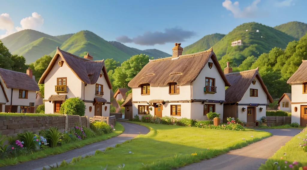 A quaint 16th-century village nestled amidst rolling hills and verdant meadows.Imagine a charming village scene bathed in the warm hues of a setting sun. Quaint cottages with thatched roofs line the cobblestone streets, their windows glowing with a welcoming light. Villagers in rustic attire go about their daily tasks, creating a sense of peaceful tranquility.