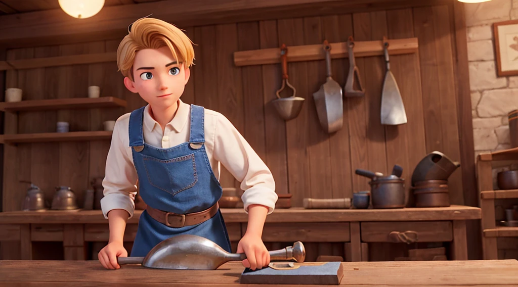 Henry Smith, a young man with kind eyes and a gentle demeanor, working diligently in the village blacksmith's shop.Visualize Henry, clad in a simple blacksmith's apron, hammering away at a glowing anvil. His youthful face, etched with determination, reflects his hardworking nature. The rhythmic clang of the hammer against the anvil fills the air, creating a sense of rhythmic industry.