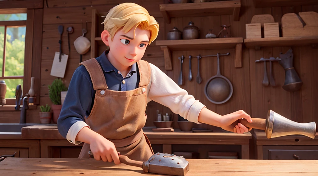 Henry Smith, a young man with kind eyes and a gentle demeanor, working diligently in the village blacksmith's shop.Visualize Henry, clad in a simple blacksmith's apron, hammering away at a glowing anvil. His youthful face, etched with determination, reflects his hardworking nature. The rhythmic clang of the hammer against the anvil fills the air, creating a sense of rhythmic industry.