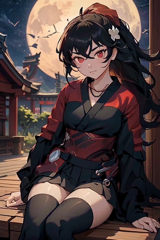 1girl, architecture, bangs, black_hair, black_kimono, breasts, east_asian_architecture, flower, full_moon, hair_between_eyes, hair_flower, hair_ornament, japanese_clothes, kimono, long_hair, looking_at_viewer, moon, moonlight, multicolored_hair, night, night_sky, obi, red_eyes, red_hair, sash, sitting, sky, solo, thighhighs