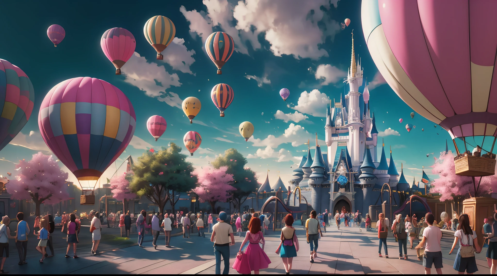 （disney theme park：1.4），2 hot air balloons，in pink，Cartoonish，Beyond imagination，Overclocked renderer，Colorful，Vibrant colors，high high quality，16K resolution，（Best quality at best），（tmasterpiece），ultra - detailed，detailed detail，Accurate，dynamic viewing angle
