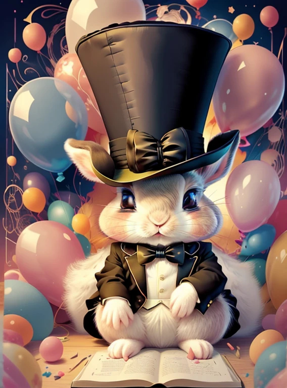 (cute baby rabbit with top hat and lots of ballons), Munchkin ,Geometric multidimensional wall portrait, livro de arte, Tchibi,
Yang08k, Beautiful, Colouring,
Obras, of the highest quality, best quality, Arte Oficial, Beautiful and Aesthetic,